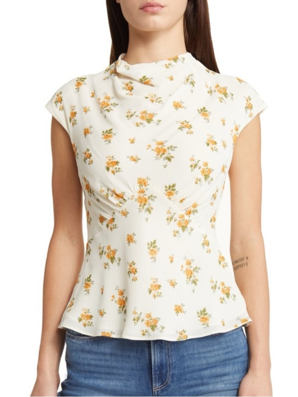 Reformation White Floral Cap-Sleeve Peplum Top with Yellow Flowers